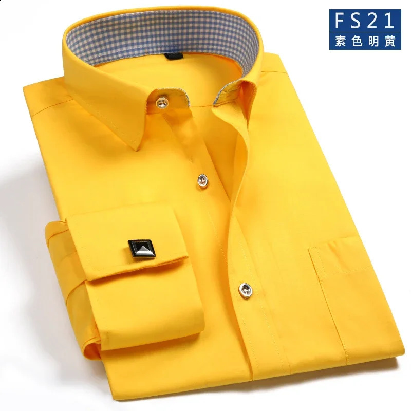 2025 Classic Regular Fit White French Cufflinks Mens Business Dress Long Sleeve Shirt Lapel Men Social Shirt 240822
