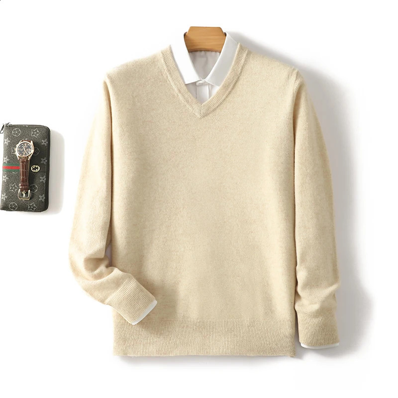 Autumn and winter cashmere sweater 100% pure wool mens Vneck knitted fleece classic solid color fashion 240821