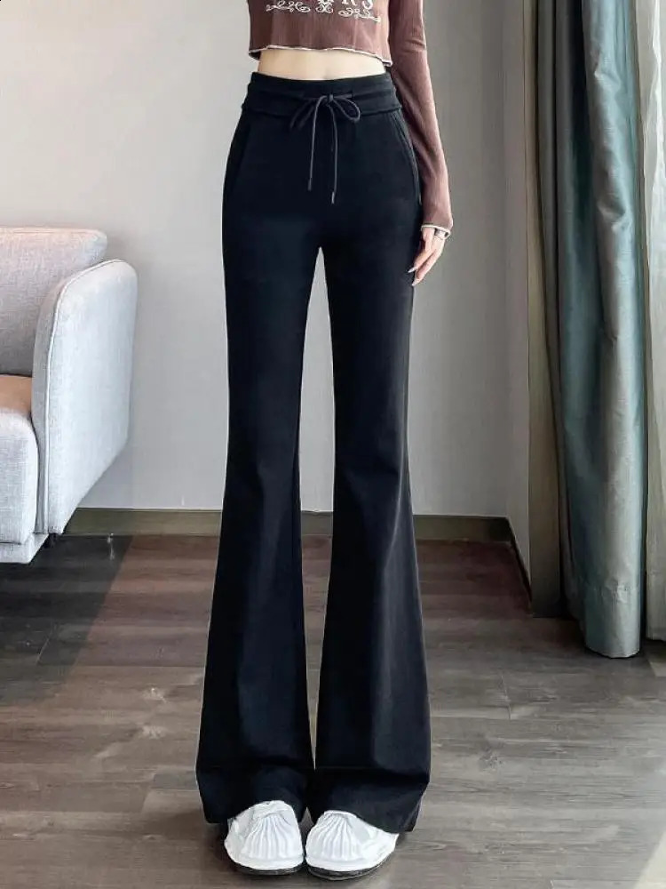 Womens Black Long Pants Slim Bell-bottoms High Waist Autumer Winter Korean Fashion Y2k Gray Casual Drawstring Bandage Trousers 240821