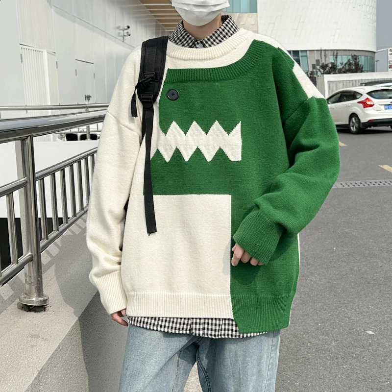 Autumn Winter Mens Knitted Sweater Cartoon Dinosaur Pullovers Oversized Jumpers Women Hip Hop Knitwear Vintage Sweaters E111 240821