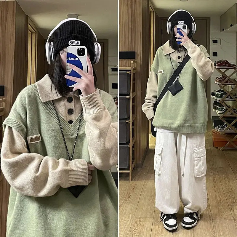 Polo Collar Womens Retro Patch Work Puller Y2K Harajuku Autumn Loose Warm Knitted Sweater 240821