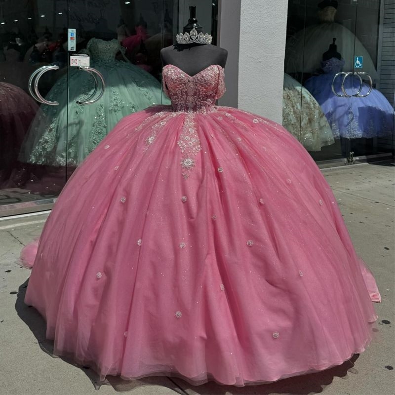 Pink Shiny Princess Quinceanera Dresses Off The Shoulder Applique Lace Beads Tull Corset Sweet 16 Dress Vestidos De 15 Anos Birthday