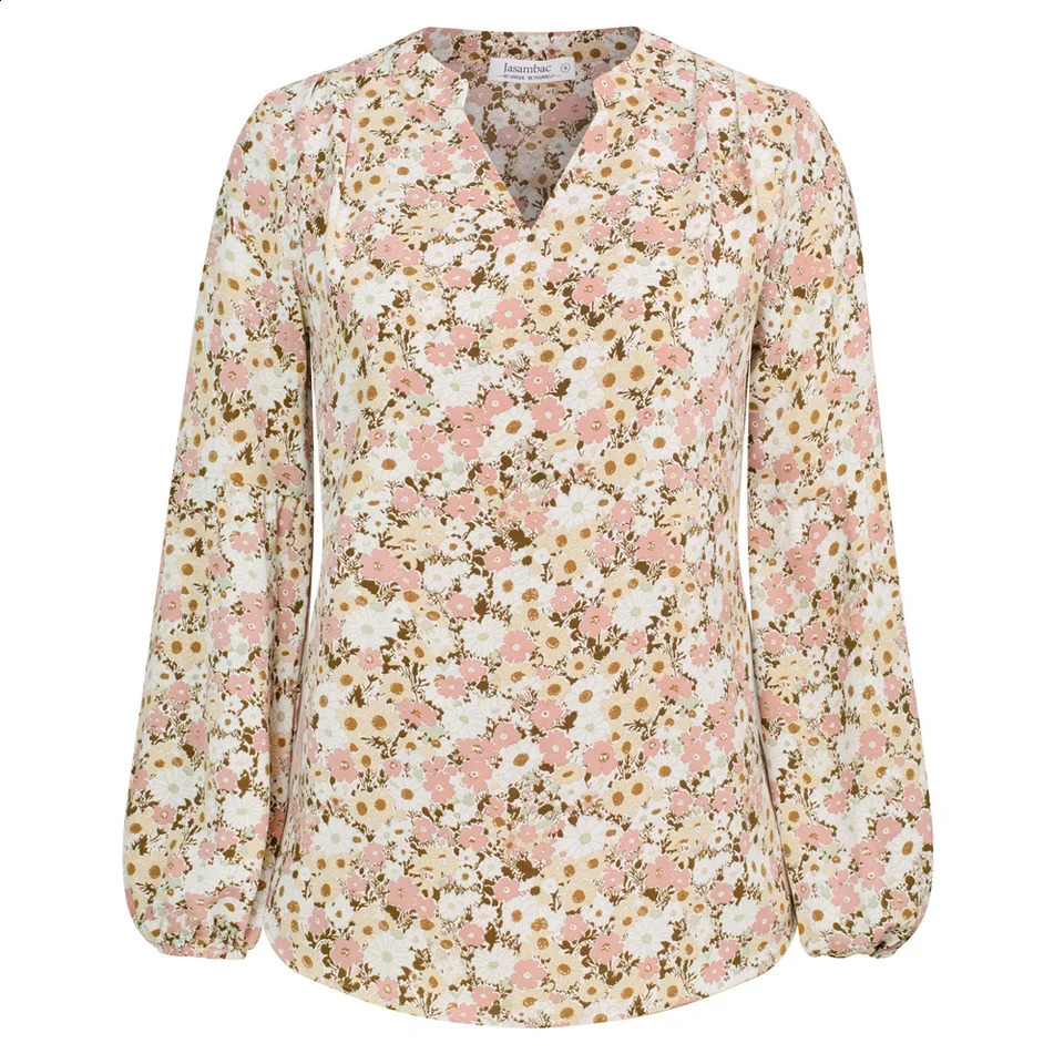Jasambac womens shirt elegant printed loose fitting casual long sleeved Vneck floral top 240822