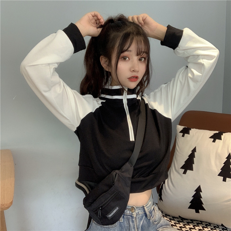 celebrity same style Instagram trendy color blocked zipper stand up collar long sleeved sweatshirt for women autumn short high waist dongdumaoyi