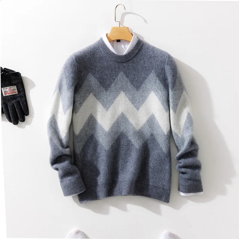 100% Merino pure wool mens round neck floral autumn and winter knitted retro sweater 240821