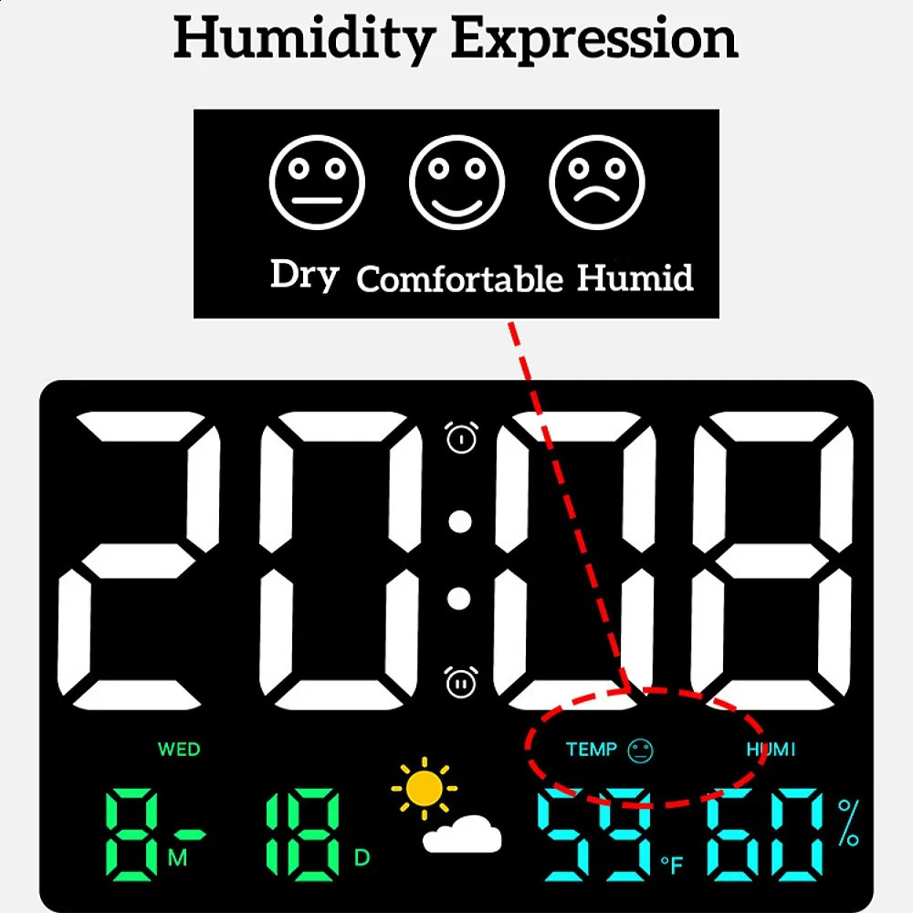 976inch remote control digital wall clock temperature humidity date automatic dimming weather meter 1224hour LED alarm w240821