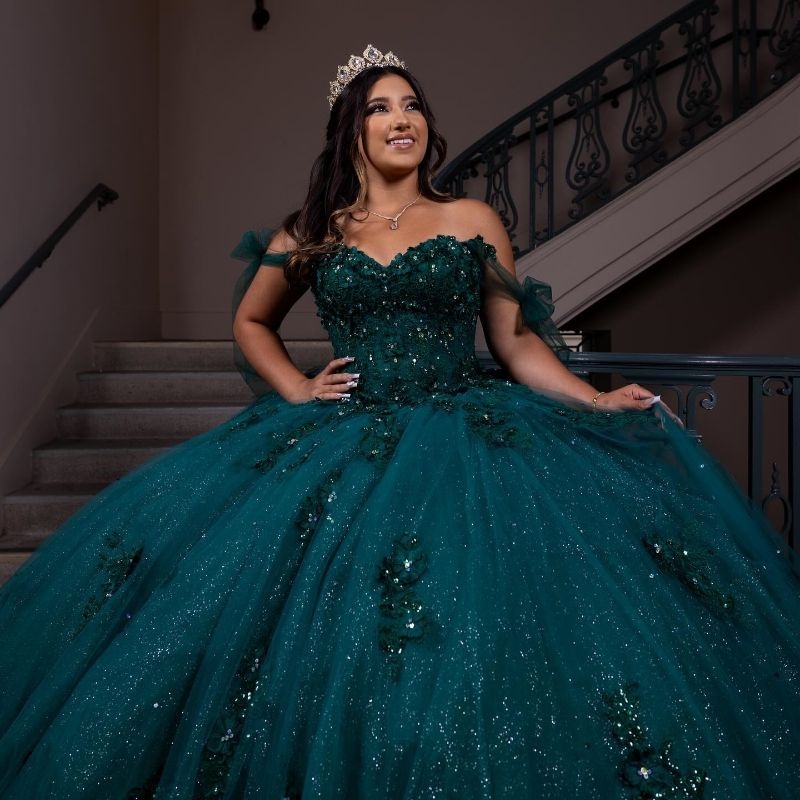 Blackish Green Shiny Off Shoulder Ball Gown Quinceanera Dresses 2025 Birthday Party Applique Lace Beads Tull Sweet 16 Dress vestido 15 de