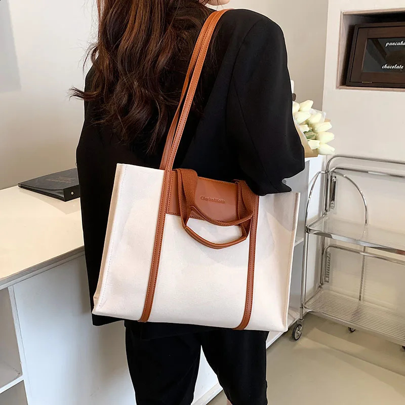 High Quality Canvas With Leather Big Shoulder Bags For Women Large Capacity Ladies Handbags Purses Shopper Bag 240822