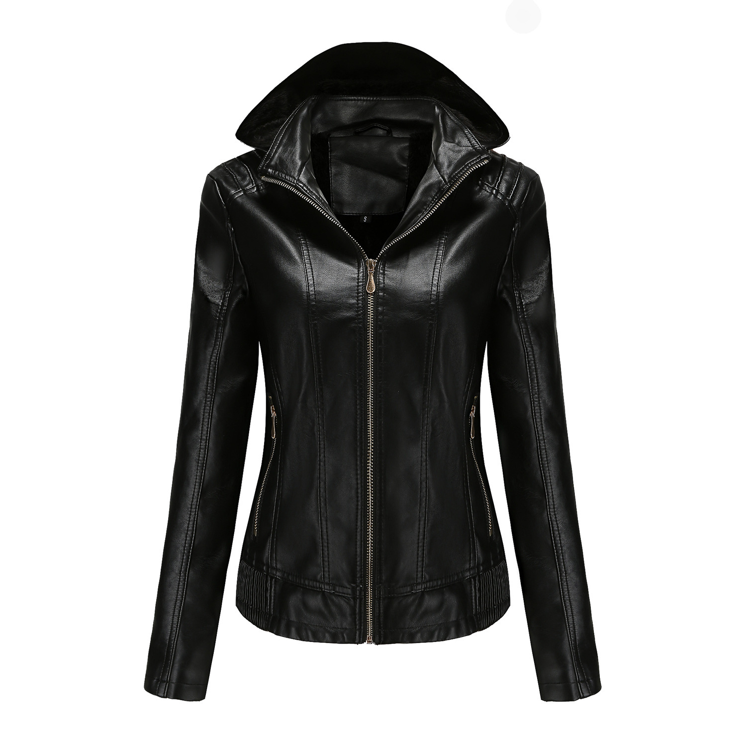 Aw Hooded Leather Womens Detachable Hat Zipper Long Sleeve Plush Leather Jacket European Size Slim Fit Coat