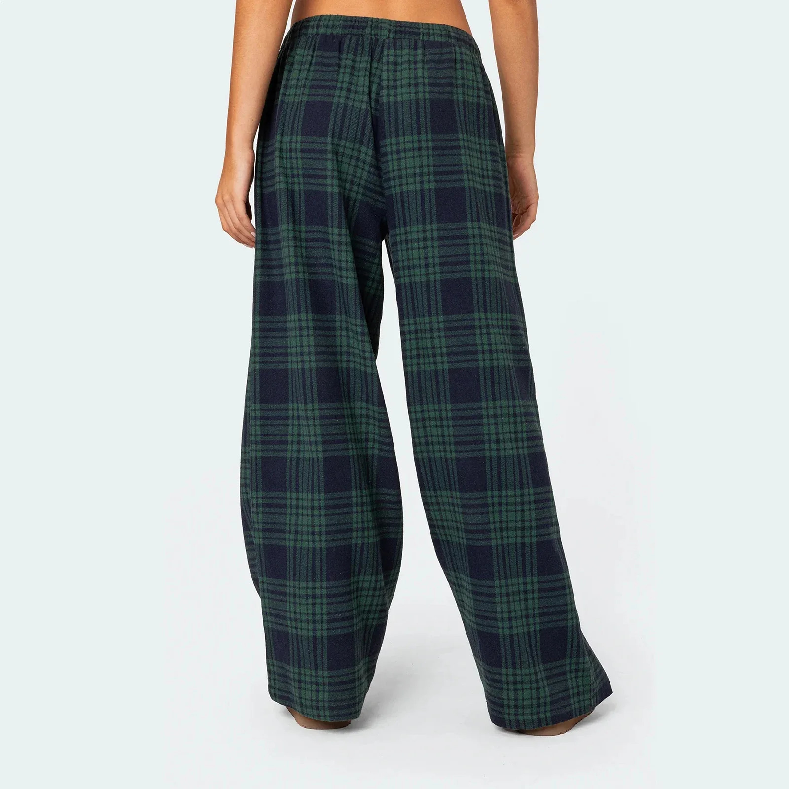 Combhasaki Women Y2K Vintage Casual Long Trousers Plaid Print Elastic Wide Low Waist Loose Wide Leg Lounging Pants with Pockets 240821