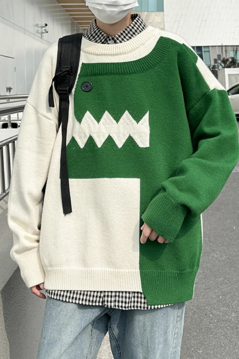 Autumn Winter Mens Knitted Sweater Cartoon Dinosaur Pullovers Oversized Jumpers Women Hip Hop Knitwear Vintage Sweaters E111 240821