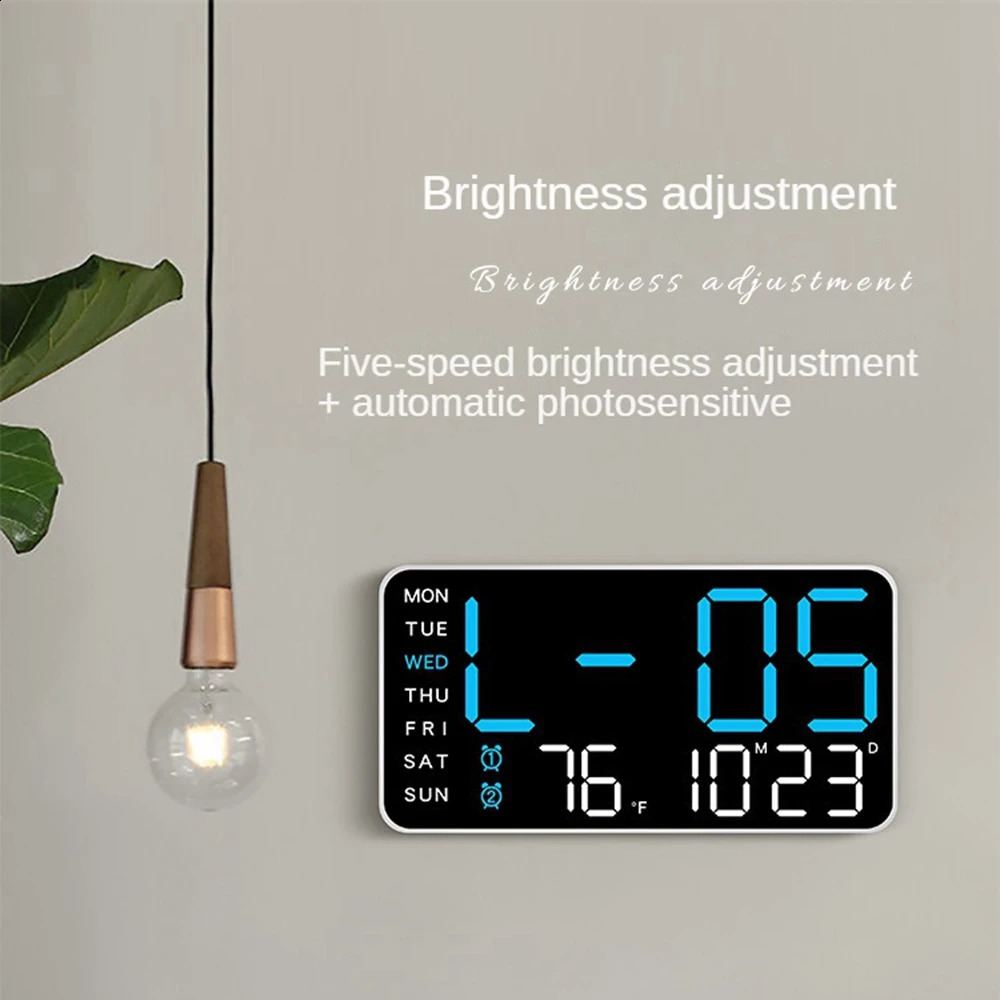 Large Digital Wall Clock Week Date Temperature Display Voice Control Table LED Alarm Clocks Brightness Adjustable 1224H Clock 240822