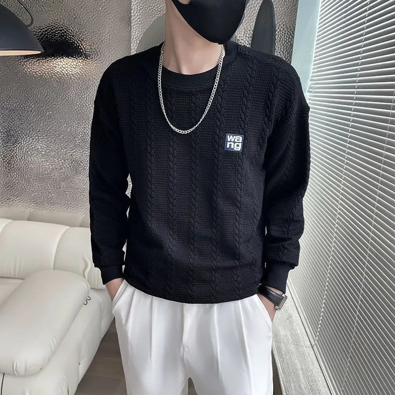 Mens Spring Autumn Fashion Simple Solid Color Pullover Round Neck Letter Casual Versatile Long Sleeve Loose Sweater Knit Tops 240821