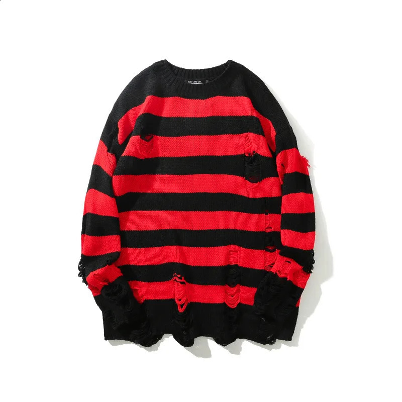 Autumn Winter Ripped Hole Hip Hop Punk Sweater Men Women Street Casual Black White Stripe Vintage Pullovers Sueter 240821