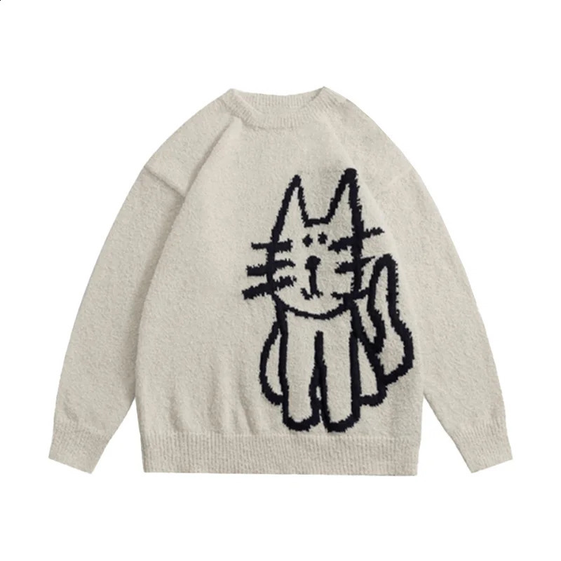WOMEN Cute Cat Pattern Knitted Sweater CasualWarm Stretchy Crew Neck Pullover for Fall and Winter 240821