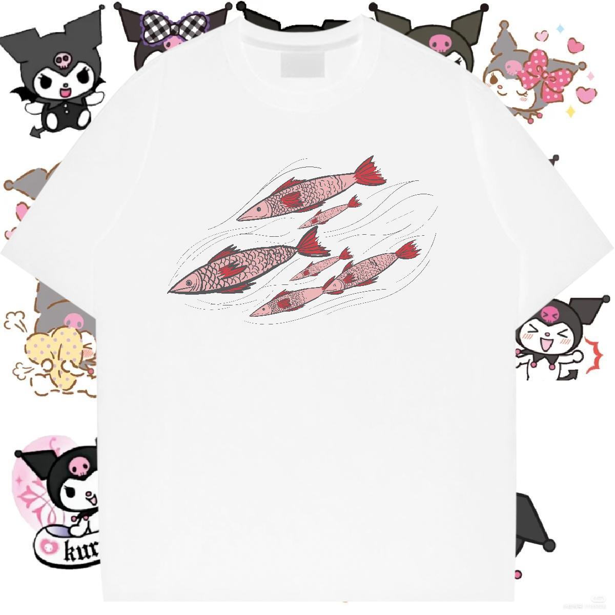 2024 Casual T shirt Comfortable 230g 100% Cotton Unisex Tshirts Anime Oversized fish Street Wear Lady Polos