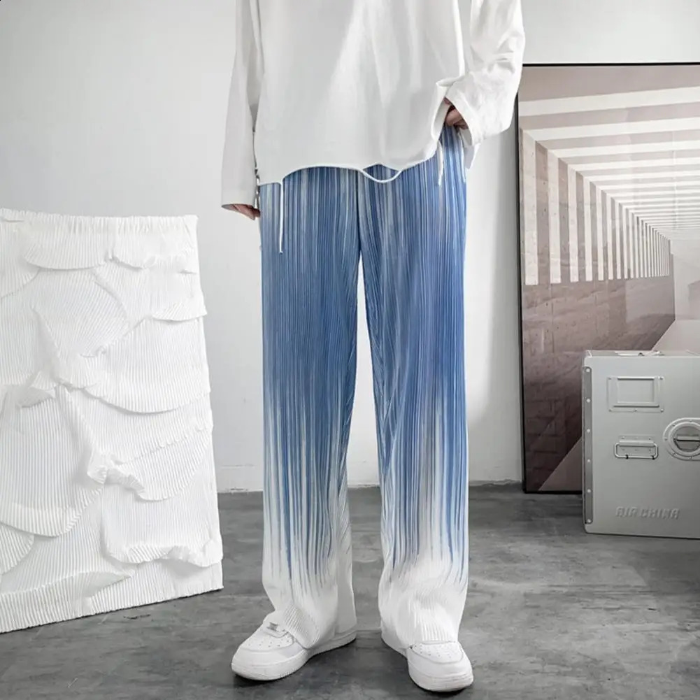 Vintage Gradient Color Wide Leg Pants Men Summer Thin Pleated Straight Trousers High Waist Elastic Streetwear Women Pants 240822
