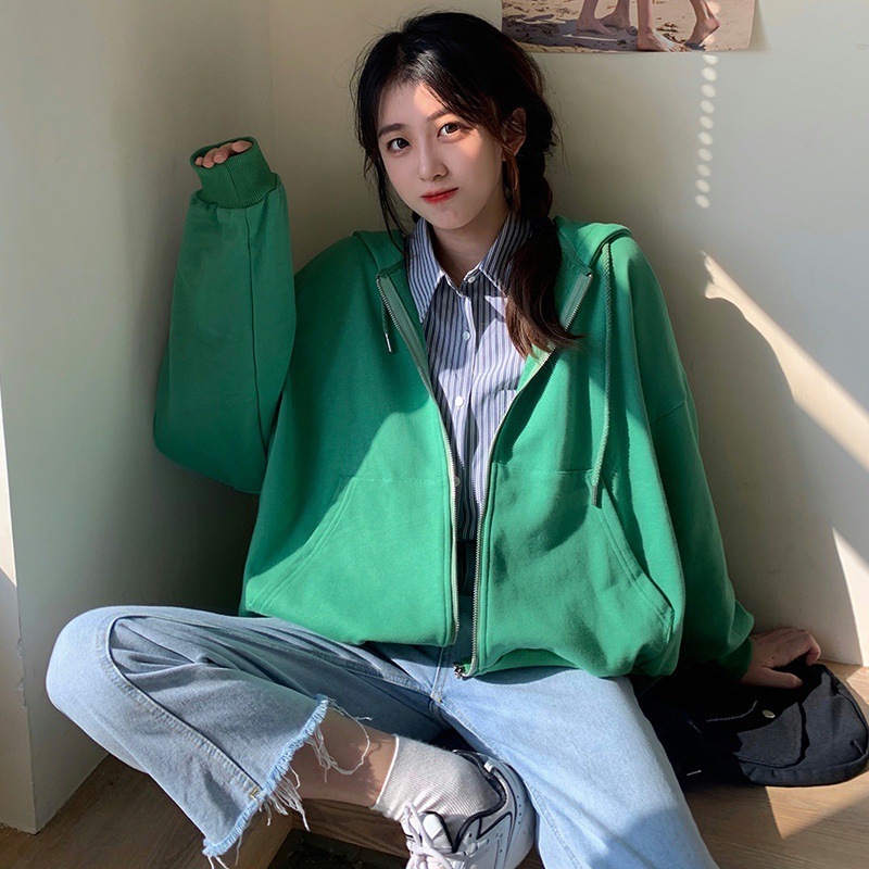 Spring Autumn New BF Style Loose and Slim Zipper Hoodie for Women, Hooded Solid Color Student Top, Ins Trendy dongdumaoyi