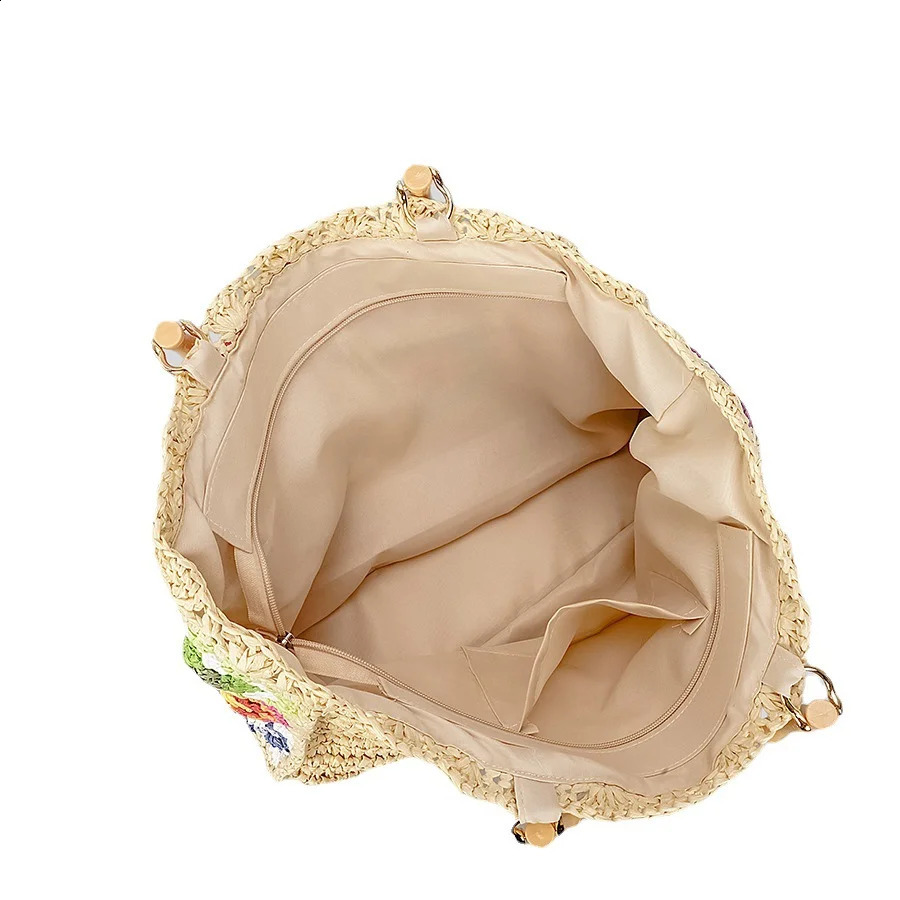 Bohemian Granny Square Straw Tote Bag Bamboo Handle Weave Women Handbags Casual Handmade Summer Beach Bags Large Capacity Purses 240821ZYl