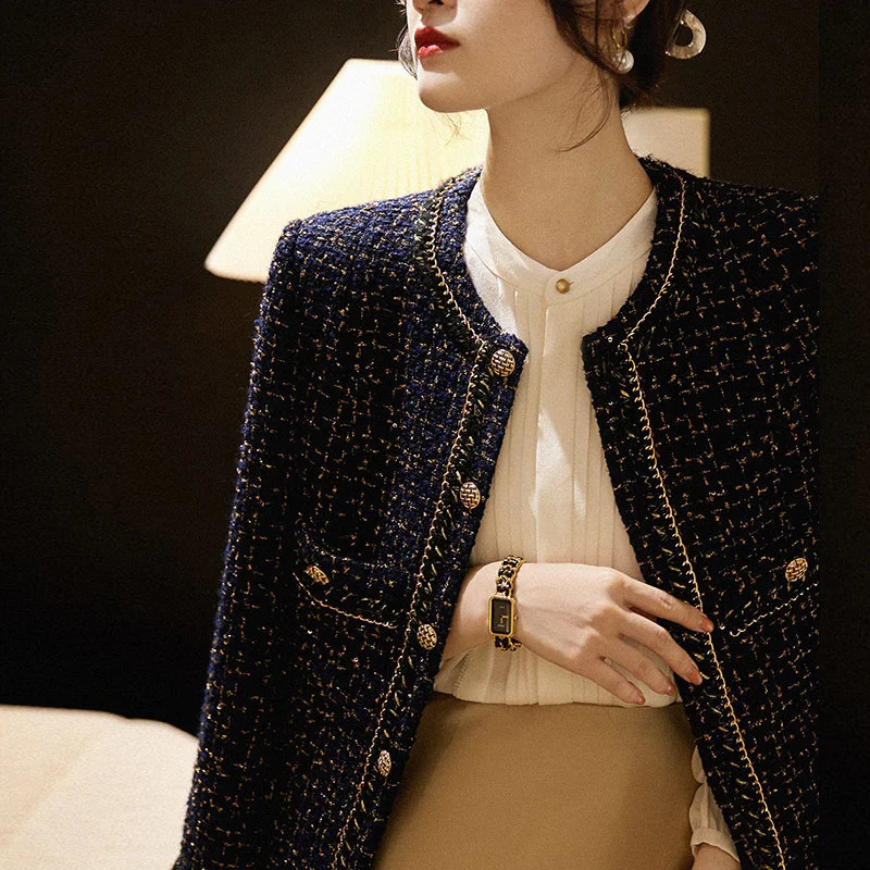 Autumn Winter Tweed Jacket Women High Quality plaid Long Sleeve Round Neck Short Ladies Woolen Coat Outwear Tops 240822