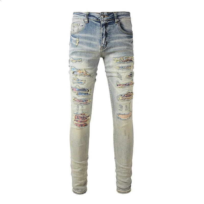 Mens Cracked Patch Biker Jeans Streetwear Patchwork Skinny Tapered Pants Vintage Stretch Denim Ripped Distressed Trousers 240821