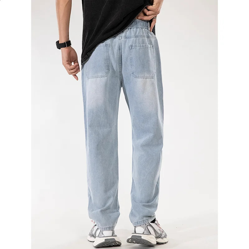 2024 Korean Fashion Mens Baggy Jeans Elastic Waist Classic olid Color Straight-leg Denim Wide-leg Casual Drawstring Pants Male 240821