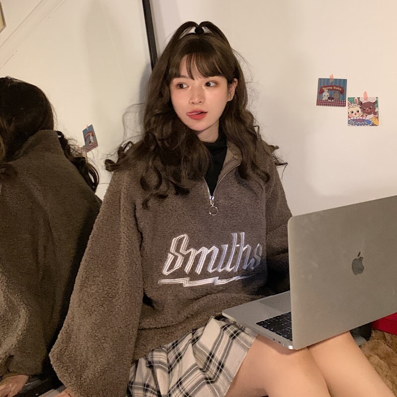 Autumn/Winter New Korean Edition Letter Lamb Plus Fleece Thickened Stand up Collar Zipper Pullover Long Sleeve Hoodie Women's Coat dongdumaoyi