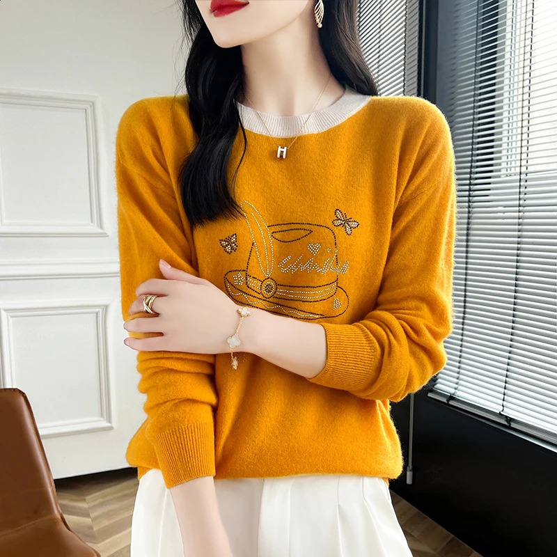 Autumn and Winter Womens Cashmere Sweater 100% Wool Warm Hoodie Round Neck Color Blocked Diamond Casual Knitted Top 240821