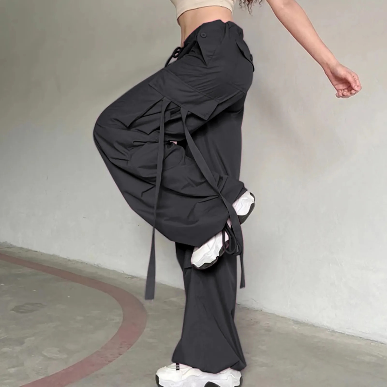 Y2k Cargo Pants Womens Sweatpants Drawstring Ribbon Low Rise Japanese 2000S Hip Hop Streetwear Clothes Baggy Parachute Pants 240821