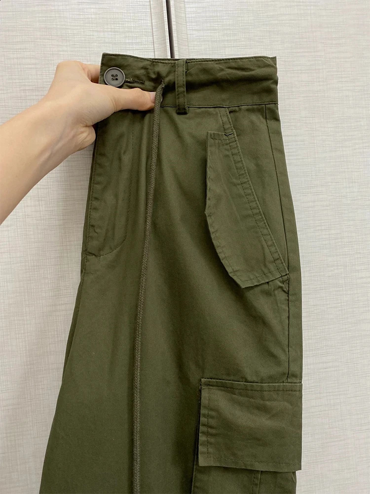 Womens green cargo pants bag casual Y2k street clothing jogging 90s retro Harajuku straight three person 240821