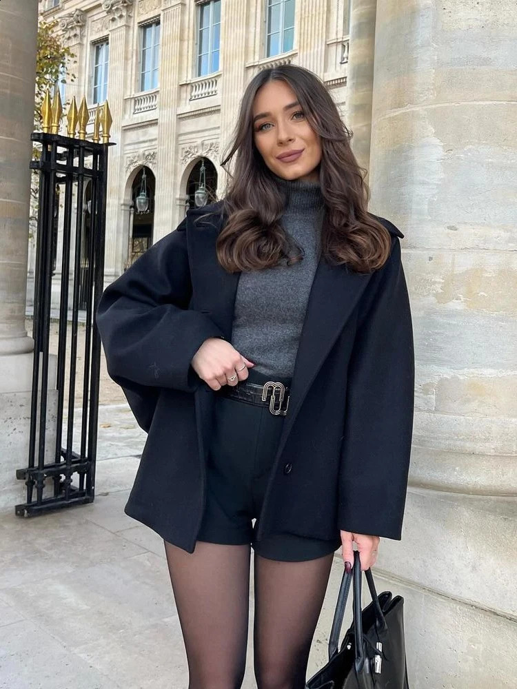 Fashion Lapel Woolen Jacket For Women Spring Single Breasted Long Sleeve Coats Female Elegant Oversized Chic Street Outwear 240822
