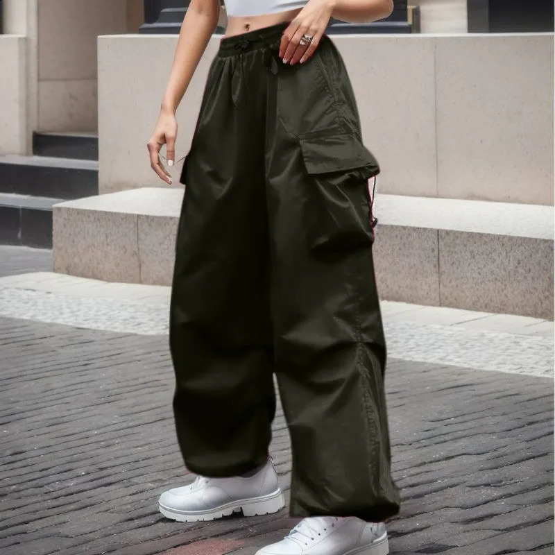 Women Big Pockets Cargo Pants High Elastic Waist Drawstring Baggy Trousers Vintage Casual Loose Side Zipper Straight Y2k Pants 240821