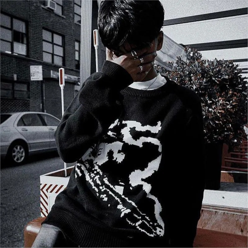 Winter Streetwear Gothic Fairy Grunge Kawaii Pattern Printed Cotton Knit Women Pullover Korean Y2K Vintage 2000S Sweater 240821