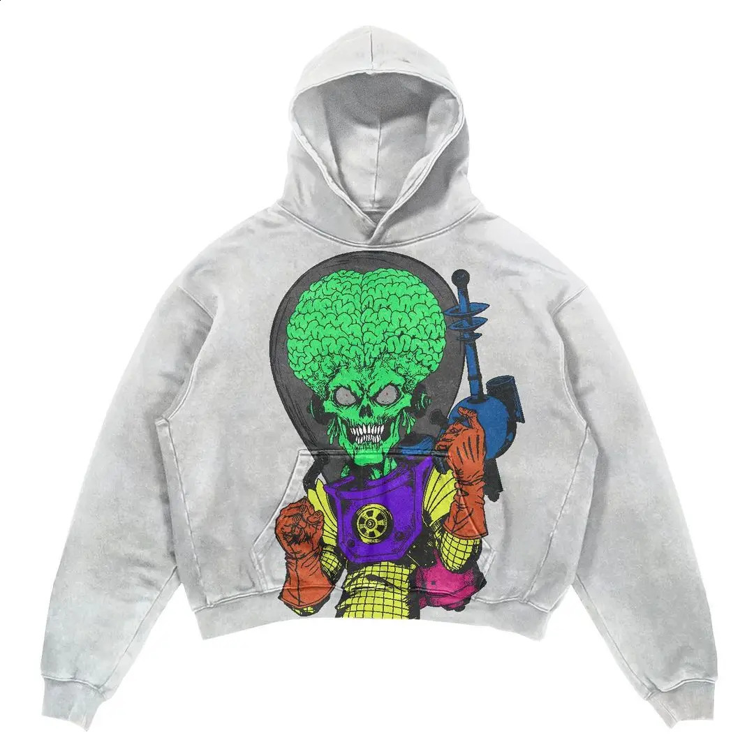 Harajuku Gothic Punk Alien Print Hoodies Warm Long Sleeve Women Couples Hip Hop Streetwear Y2k Loose Fashion Oversized Hoodie 240821