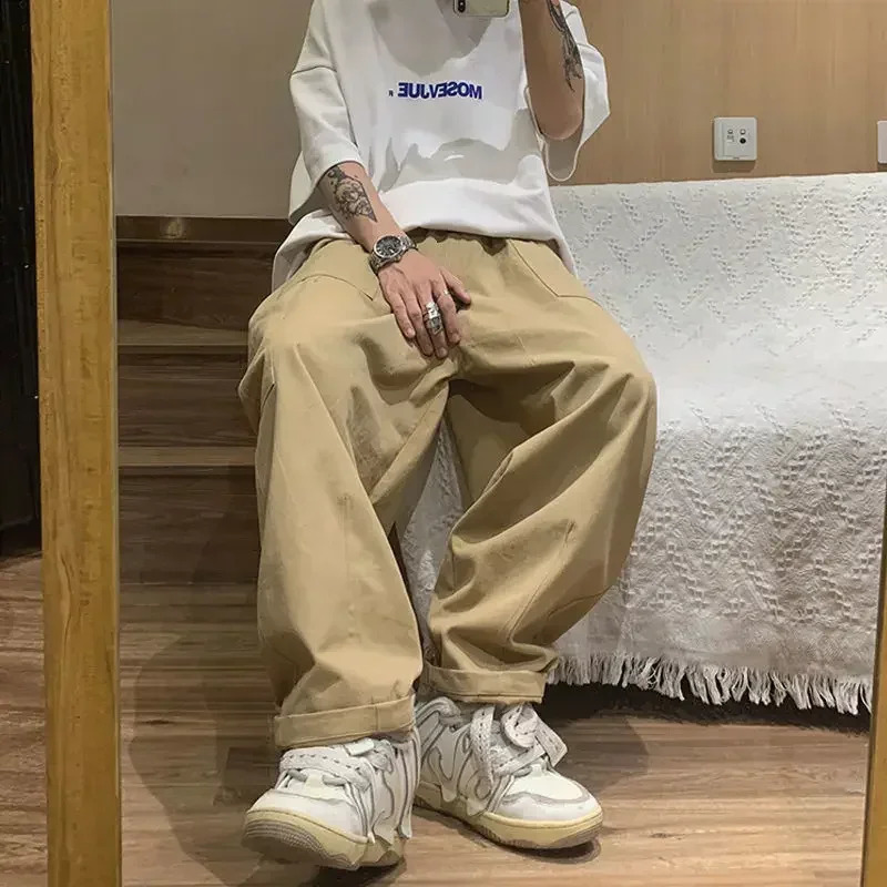 Trousers Man Straight Cargo Pants for Men Wide Khaki Korean Style Regular Fit Street Y2k Clothing Emo Large Size Long Fashion 240822