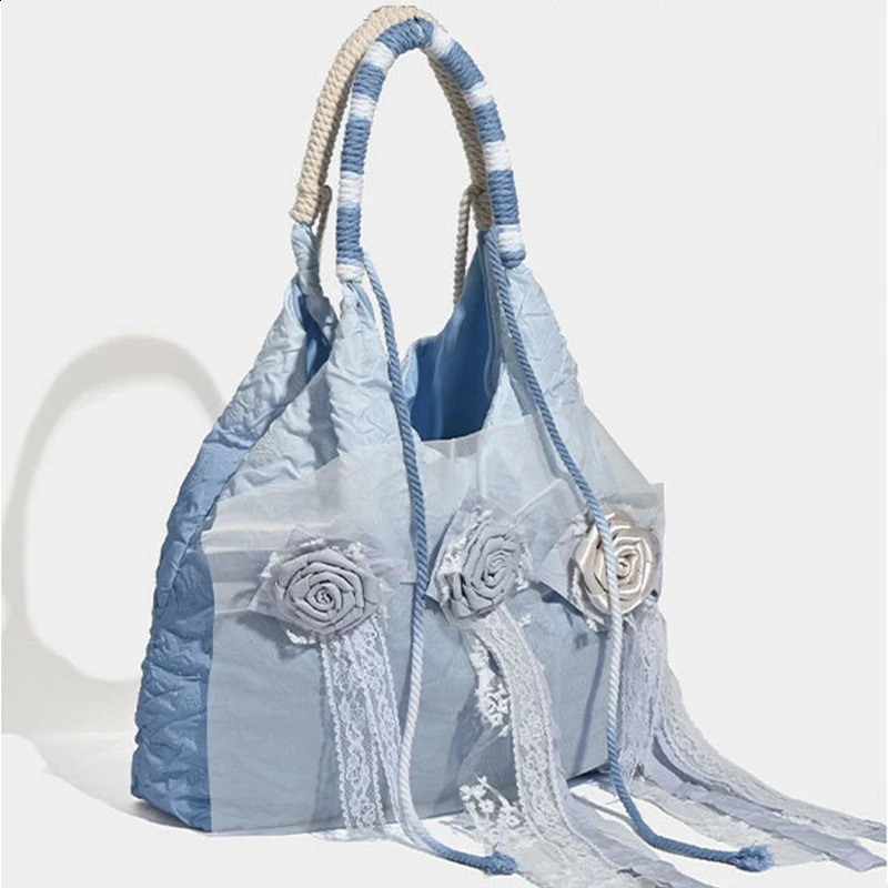 JIOMAY-Blue Vintage Large Capacity Tote Bag For Women Tie-dyed Fabric Accessory Rose Shoulder Bags High Quality Lace Handbag 240821