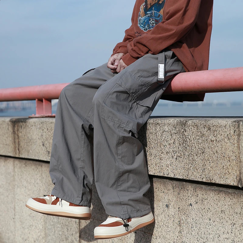Vintage Cargo Pants Men Fashion Streetwear Pockets Wide Leg Straight Y2k Casual Trousers Baggy Drawstring Overalls Black/Gray 240822