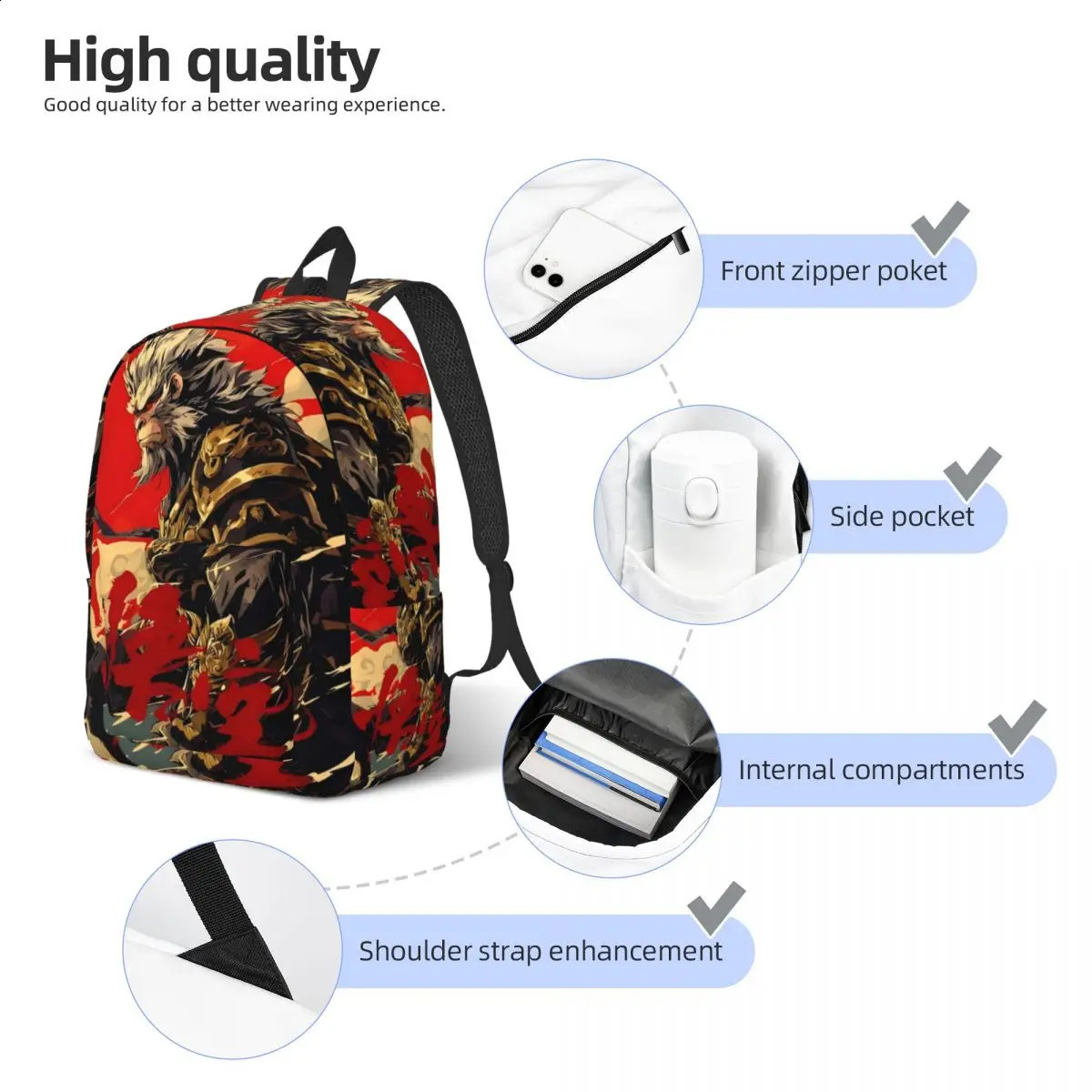 Black Mythical Monkey King Leisure Backpack Durable High School Business Game Chinese Japanese Bag Mens Laptop Shoulder 240822