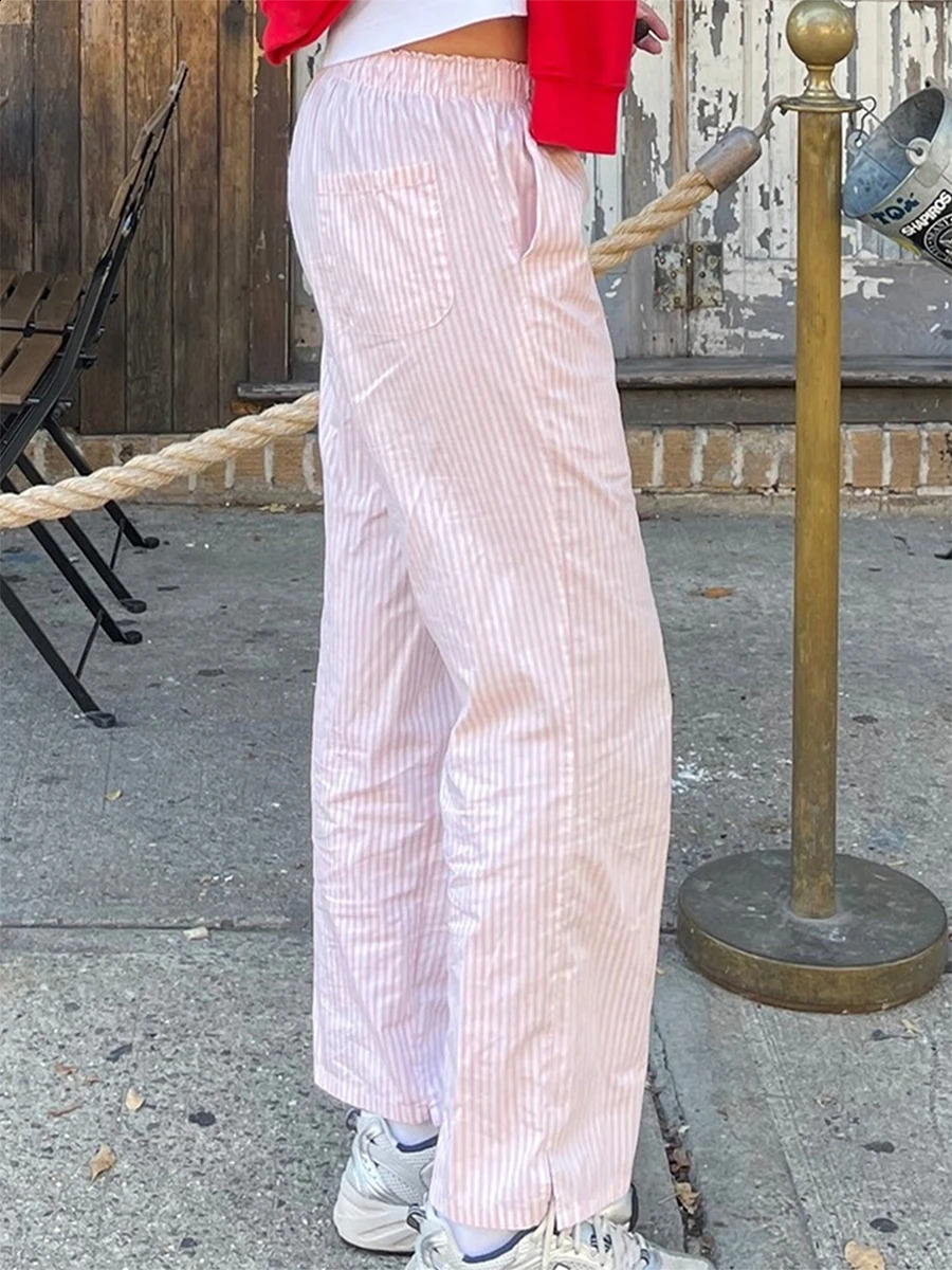 Women Wide Leg Pants Casual Loose Vertical Stripe Print Elastic Lounge Trousers with Pockets for Work Streetwear Daily Life Y2K 240821