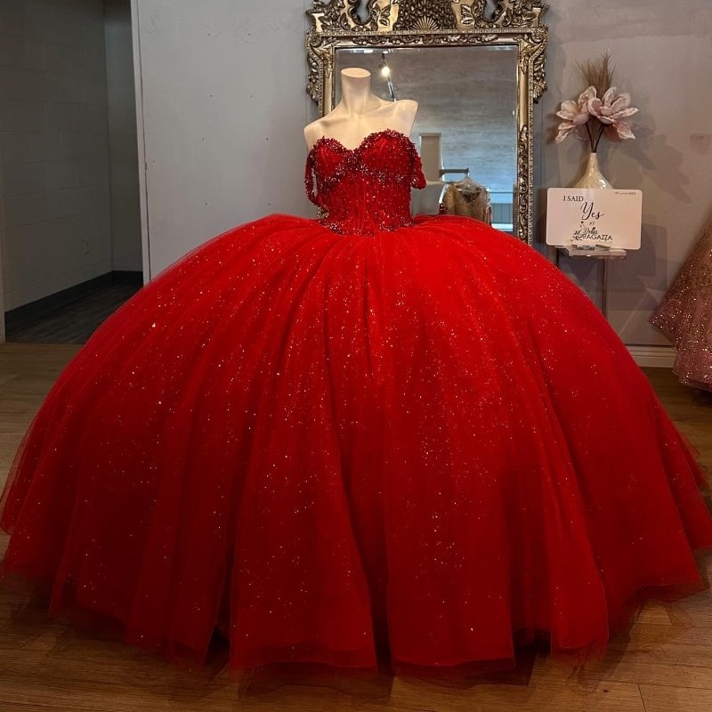 Red Shiny Sweetheart Quinceanera Dresses Off The Shoulder Beads Crystal Bow Tull Lace Up Vestidos 15 De XV Anos Sweet 16 Dress