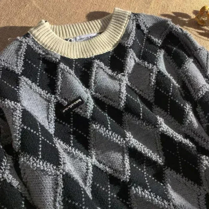 Knit Sweater Male Pullovers Spliced Mens Clothing Icon Plaid Argyle Korean Style Warm Trend Baggy Thick Winter A Cotton X 240821
