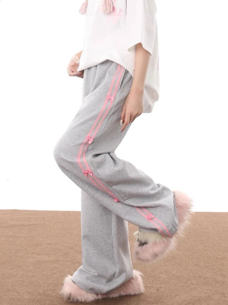 ADAgirl Bow Striped Sweatpants Women Hip Hop Black Sports Oversize Wide Leg Pants Fashion Casual Harajuku Retro Mujer Bottoms 240821