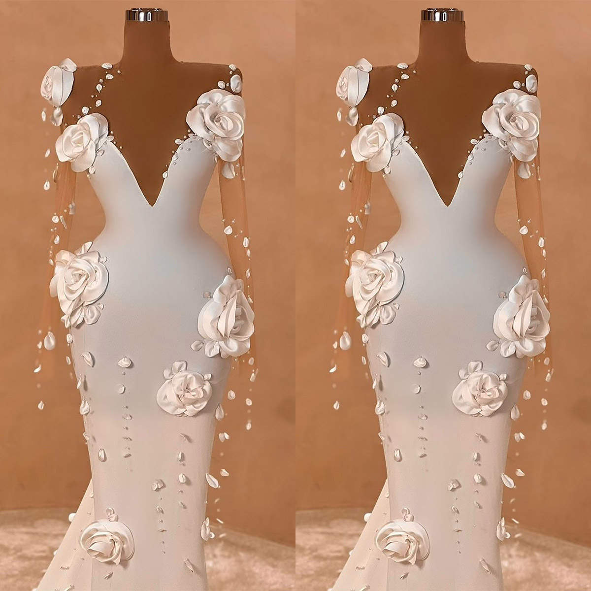 Elegant Wedding Dress 3D Handmade Wers Bridal Gowns Sheer Neck Long Sleeves Custom Made Bride Sweep Train Vestido De Novia 0218