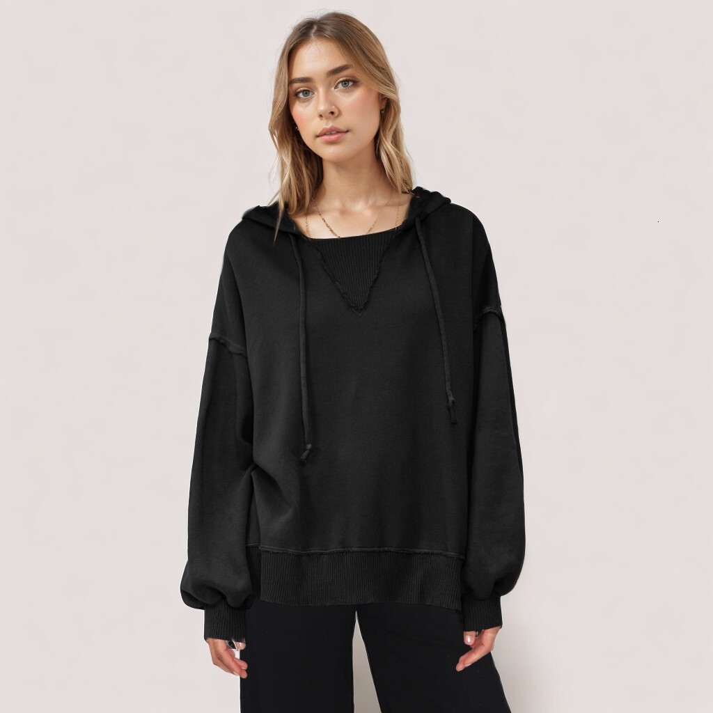 Solid color autumn and winter women's round neck loose slit trendy style hooded sweatshirt versatile dongdumaoyi