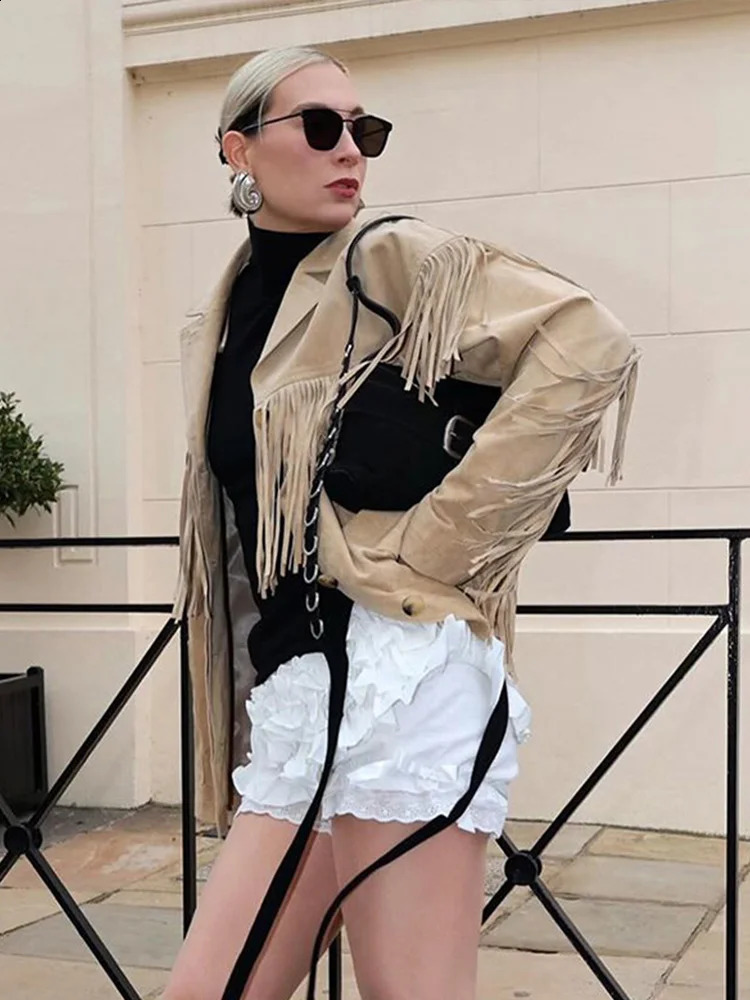 Retro Tassel Lapel Jackets Women Casual Long Sleeve Single-Breasted Jacket Coats With Pockets Female Autumn High Street Outwear 240821