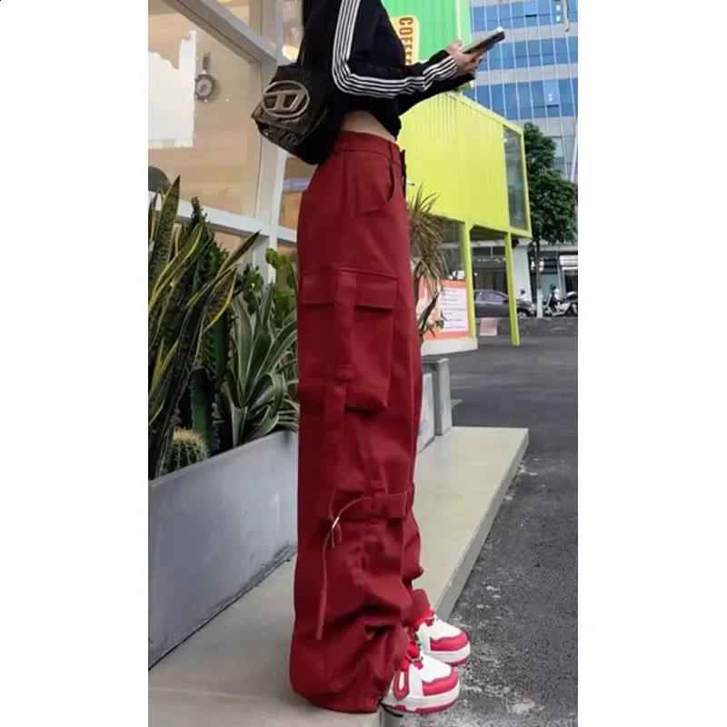 Vintage Casual High Waist Red Cargo Pocket Pants For Women Streetwear Style Wide Leg Overalls Baggy Y2K Trouser 240821