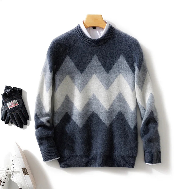 100% Merino pure wool mens round neck floral autumn and winter knitted retro sweater 240821