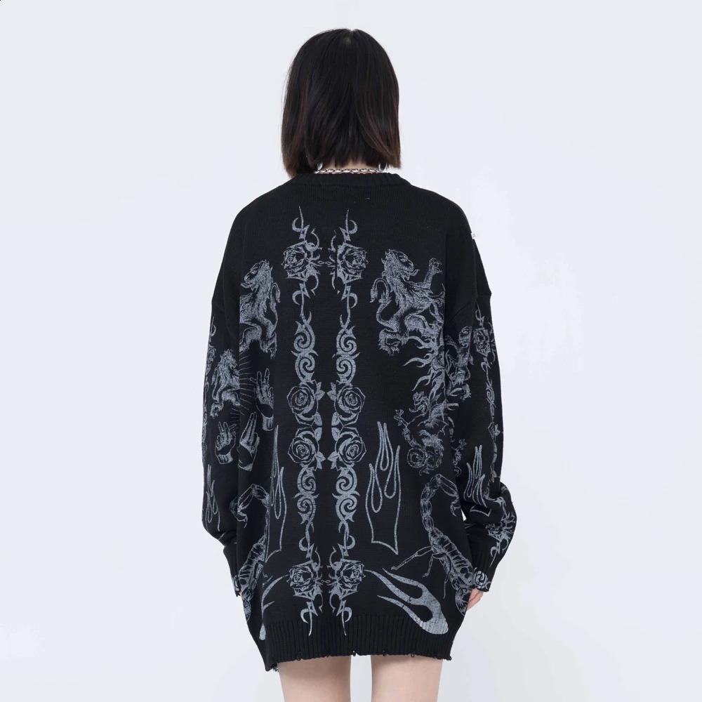 Skull print oversized sweater worn Gothic womens clothing Y2k knitted and pulled together street Harajuku long sleeved top 240821