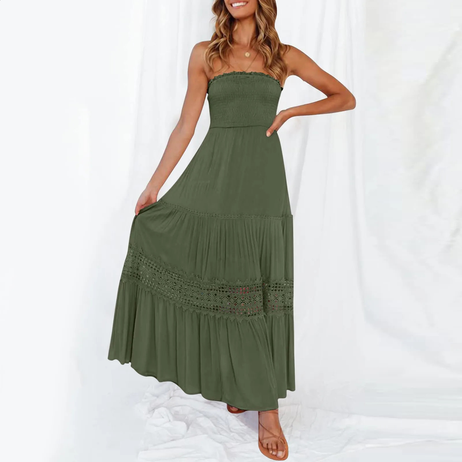 Womens Boho Wrap Dresses Ladies Summer Bohemian Strapless Off Shoulder Lace Trim Backless Flowy A Line Beach Long Maxi Dress 240822