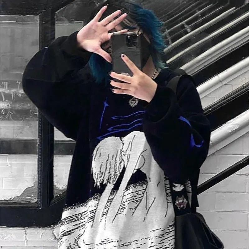 Japanese Kawaii anime pattern printing knitted Oneck womens Pullover Y2K Harajuku streetwear fairy fold loose couple sweater 240821